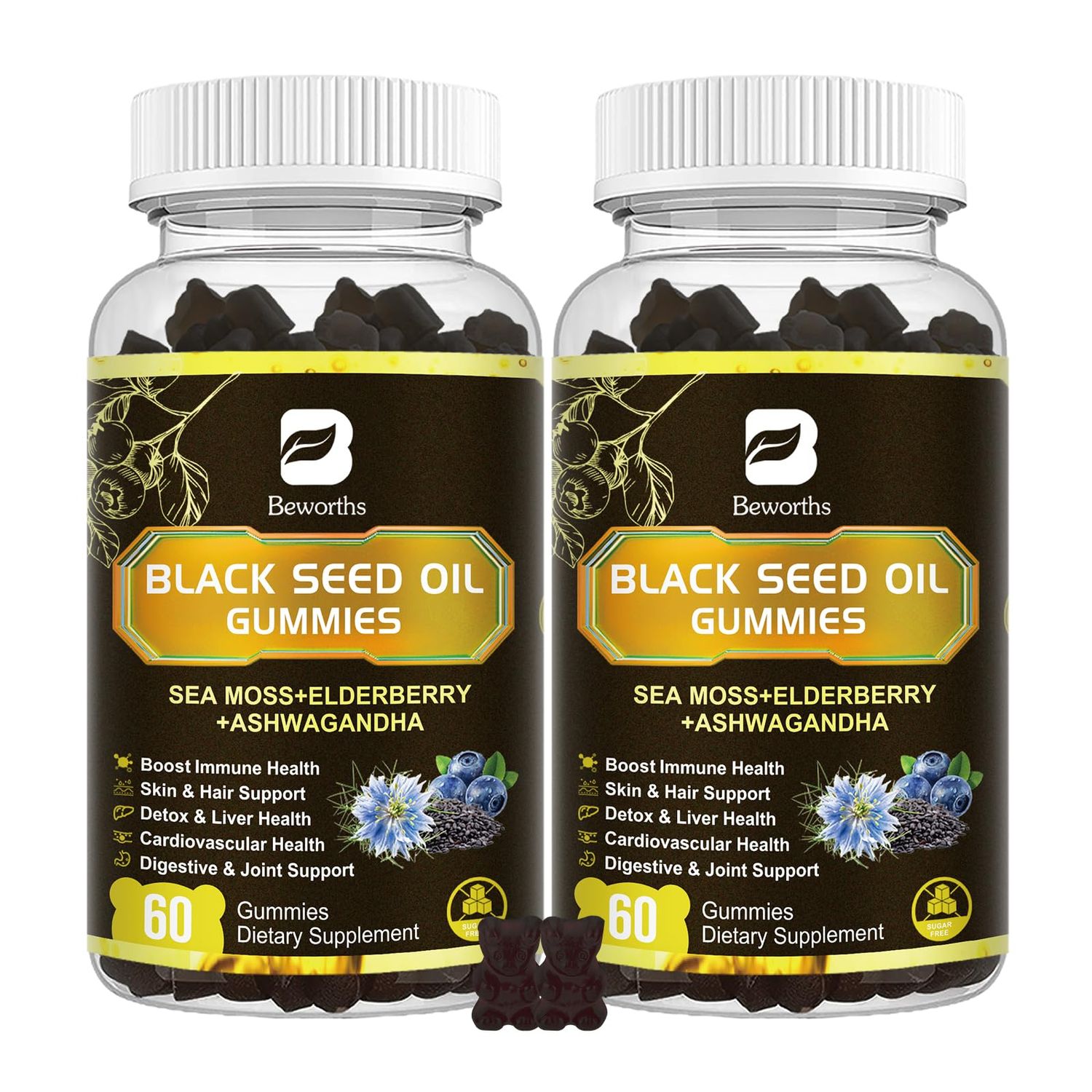 Black Seed Oil Sea Moss Gummies, 2Pack Irish Sea Moss Gummies with Black Seed Oil, Ashwagandha Extract, Elderberry, Turmeric, Vitamin C, Vitamin D3 - Immune Support, Joints, Digestion, Hair Skin