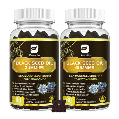 Black Seed Oil Sea Moss Gummies, 2Pack Irish Sea Moss Gummies with Black Seed Oil, Ashwagandha Extract, Elderberry, Turmeric, Vitamin C, Vitamin D3 - Immune Support, Joints, Digestion, Hair Skin