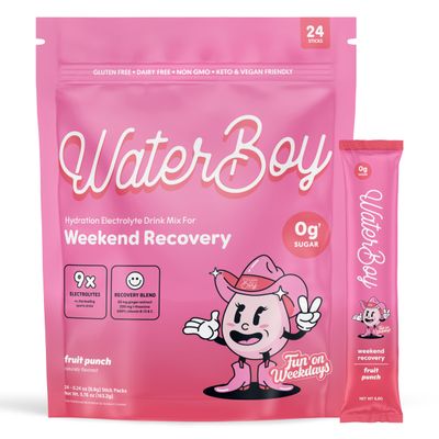 Waterboy Weekend Recovery x FOW 3,200mg Electrolyte Powder Packets Ginger L-Theanine Vitamins No Sugar, All Natural, Gluten Free 24 Drink Stick Mixes (Fruit Punch)