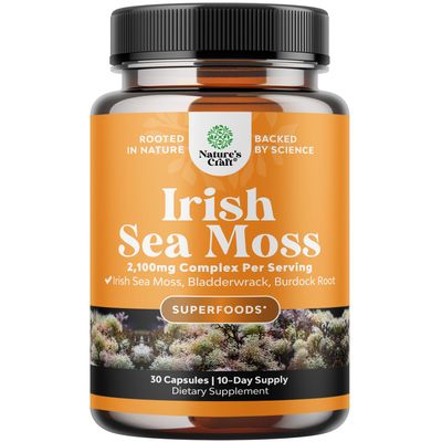 Organic Irish Sea Moss Capsules - Organic Sea Moss Pills with 2100mg Serving Superfood Complex with Bladderwrack Burdock Root and BioPerine for Immune Skin Thyroid Support - Vegan Non-GMO (30CT)