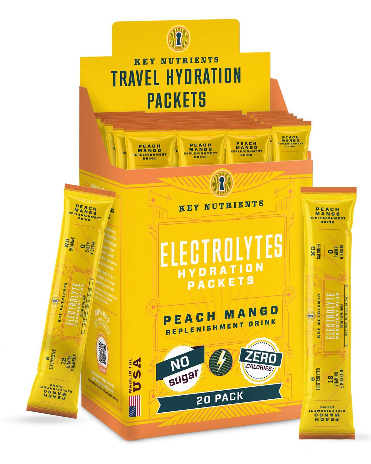 KEY NUTRIENTS Electrolytes Powder Packets - Tropical Peach Mango 20 Pack Hydration Packets - Travel Hydration Powder - No Sugar, No Calories, Gluten Free - Made in USA - Peach Mango