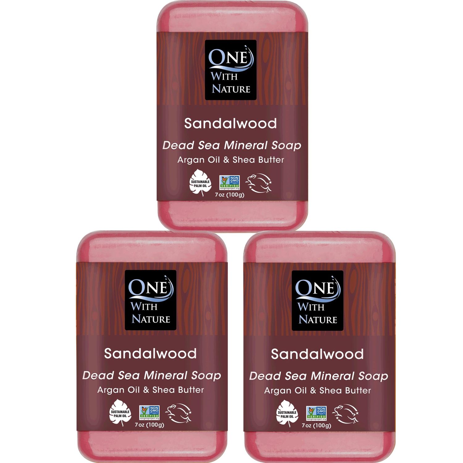 One With Nature Dead Sea Mineral Sandalwood Soap 7oz Bar 3Pack - Anti Aging, Natural Essential Oil Fragrance Shea Butter, Argan Oil Enriches - Ideal for All Skin Types, Sandalwood Soap for Men, Women