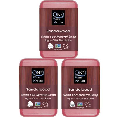 One With Nature Dead Sea Mineral Sandalwood Soap 7oz Bar 3Pack - Anti Aging, Natural Essential Oil Fragrance Shea Butter, Argan Oil Enriches - Ideal for All Skin Types, Sandalwood Soap for Men, Women