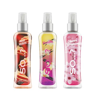 So? Body Mist Set - Perfumes for Women - Vanilla Perfume, Red Velvet, Cherry Blossom - Scents Lasting 6 Hours - Fragrance Gifts for Women - 3 pcs