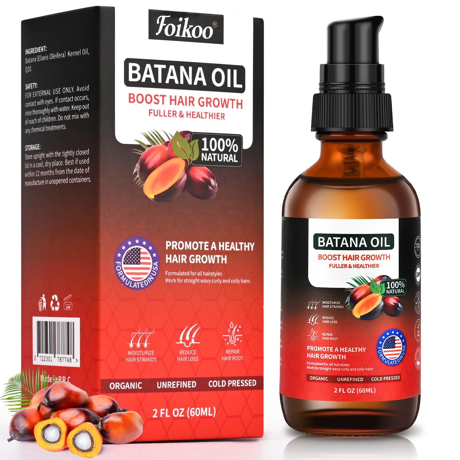 Foikoo Batana Oil Spray for Hair Growth, 100 Natural Pure Dr Sebi Organic Raw Batana Oil from Honduras, Hair Thickening Strengthening Hair regrowth oil, 2 Fl Oz