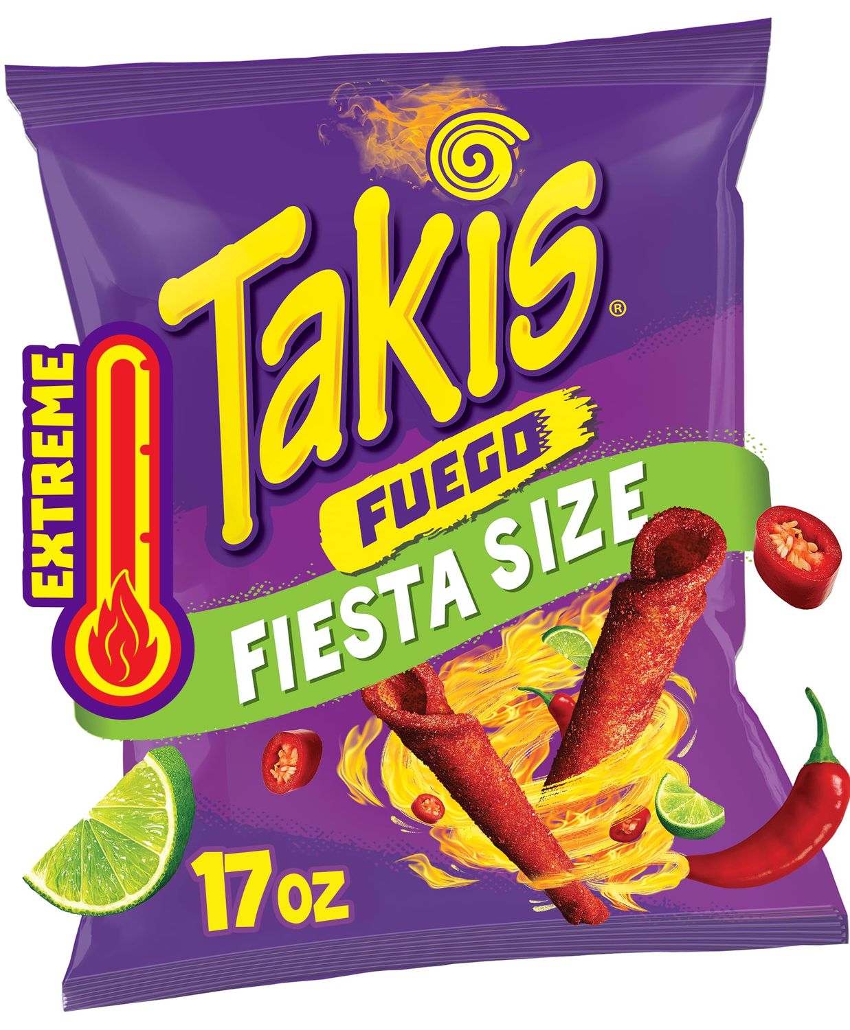Takis Fuego 17 oz Fiesta Size Bag, Hot Chili Pepper Lime Flavored Extreme Spicy Rolled Tortilla Chips