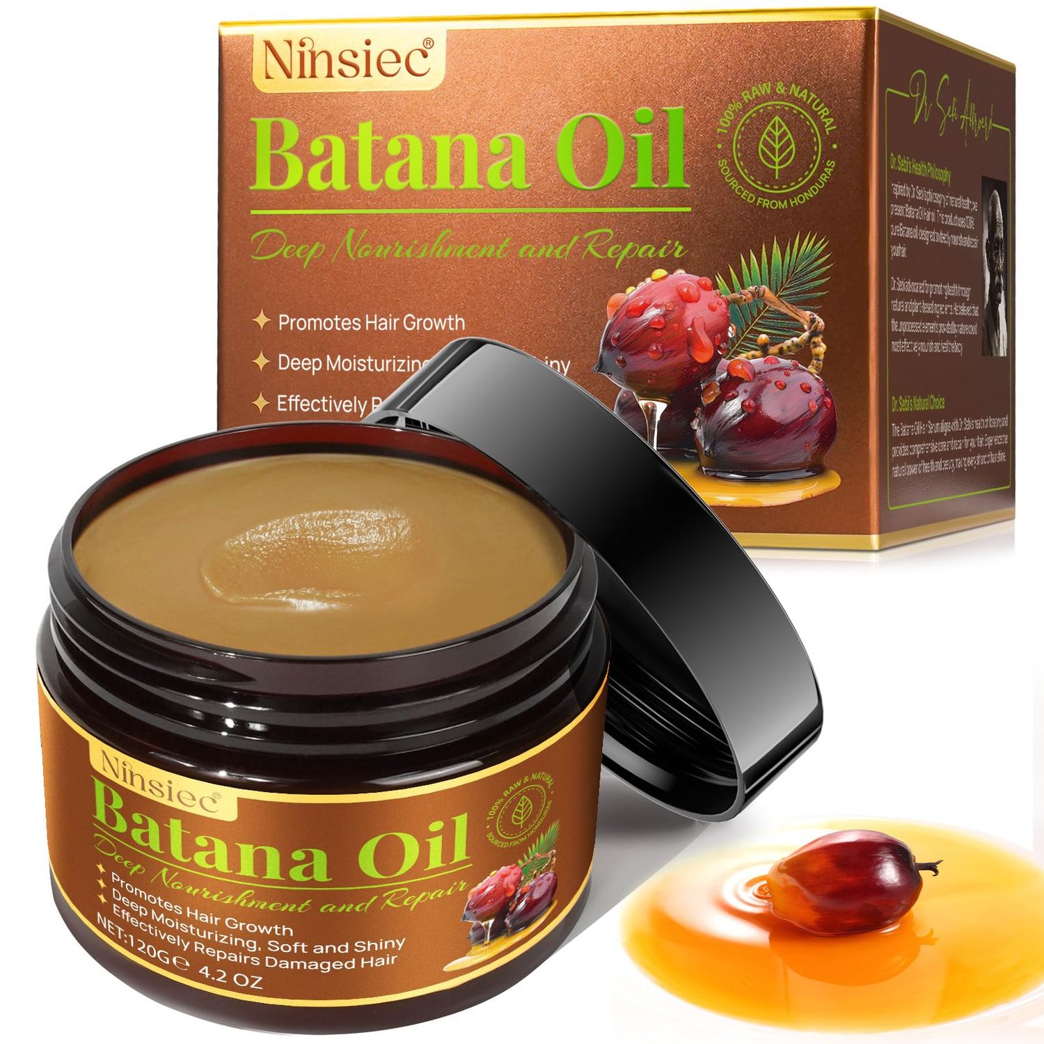 Ninsiec Raw Batana Oil for Hair Growth, Pure Unrefined and Organic Dr. Sebi Hair Growth Oil from Honduras, Batana Hair Growth Oil for Repairs Damaged Hair Prevent Hair Loss (1pcs)