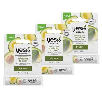 Yes To Fragrance-Free Avocado Nourishing Lip Balm, Moisturizing Non-Sticky Salve To Replenish Lips With Nutrients, With Omega-3 Fatty Acids Hyaluronic Acid, Natural Cruelty Free, 0.15 Oz, 3-Pack