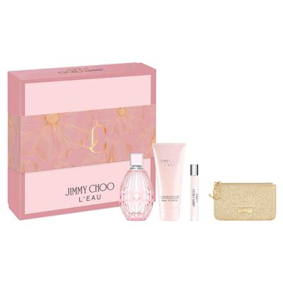 Jimmy Choo L&#39;Eau Eau de Toilette 4 Piece Set - 3.3 0.25 fl. oz. Spray, 3.3 fl. oz. Body Lotion, Pouch - Long Lasting Fragrance with notes of Bergamot, Nectarine Cedarwood - Fruity Musky