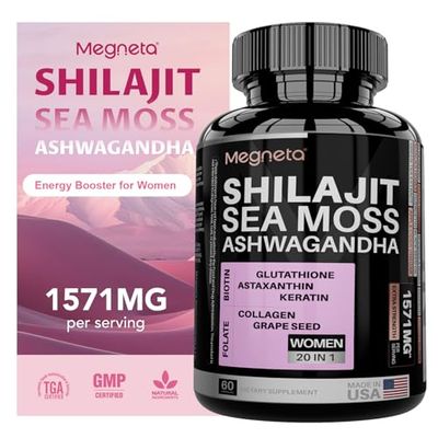 MEGNETA All-in-One Sea Moss, Shilajit, Ashwagandha Glutathione Supplement for Women, Boosts Energy, 60 Capsules
