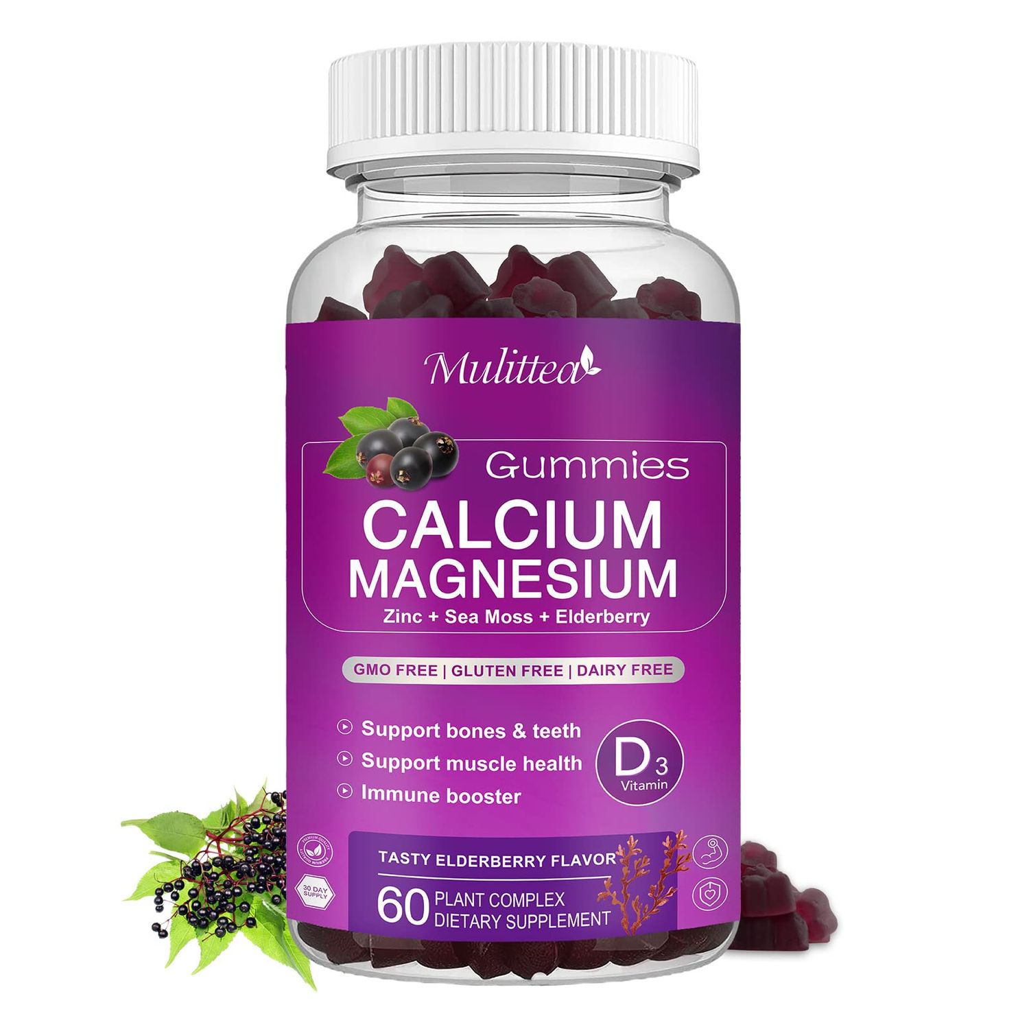 Calcium Magnesium Zinc Gummies with High Absorption Magnesium Glycinate 200mg, Potassium -Plant Calcium Supplement w D3 Sea Moss for Bone, Muscles, Calm Mood Sleep Support- Kids adults (1 Pack)