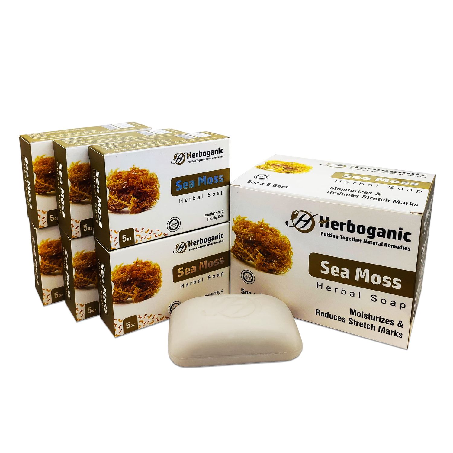 HERBOGANIC Sea Moss Herbal Soap Pack of 6 of 5oz soap Bar Ideal for Men and Women, Soothing and Nourishing Soap for Moisturization