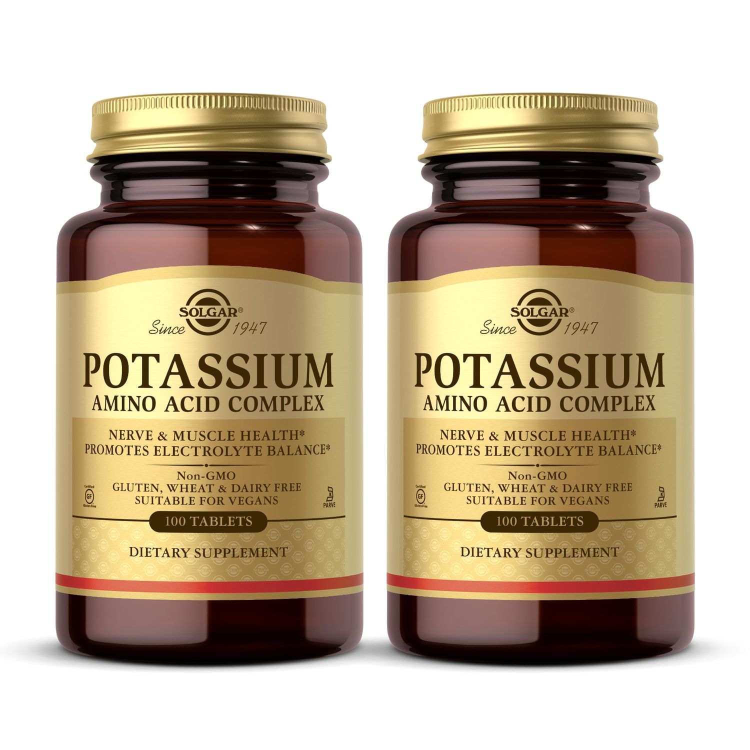 Solgar Potassium Amino Acid Complex - 100 Tablets, Pack of 2 - Promotes Electrolyte Balance - Non-GMO, Vegan, Gluten Free, Dairy Free, Kosher - 200 Total Servings