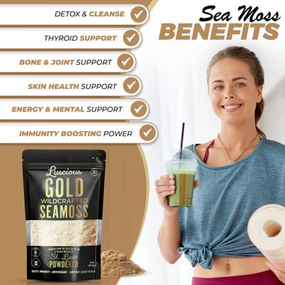 Irish Sea Moss Powder Gold 3 Oz - 100 Organic St. Lucia Sea Moss Wildcrafted Superfood for Gut Health, Immune Support, Vegan, Gluten-Free Makes 120 Fl Ounces of Gel by Luscious Spice Emporium