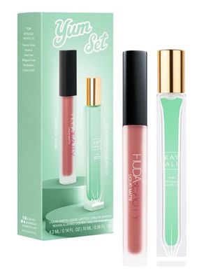 Huda Beauty Kayali Yum Gift Set - Pistachio Gelato 33 Eau De Parfum Travel Size Spray (0.34 fl oz 10 ml) and Matte Liquid Lipstick in Shade Queen of Sheba (0.14 fl oz 4.2 ml)
