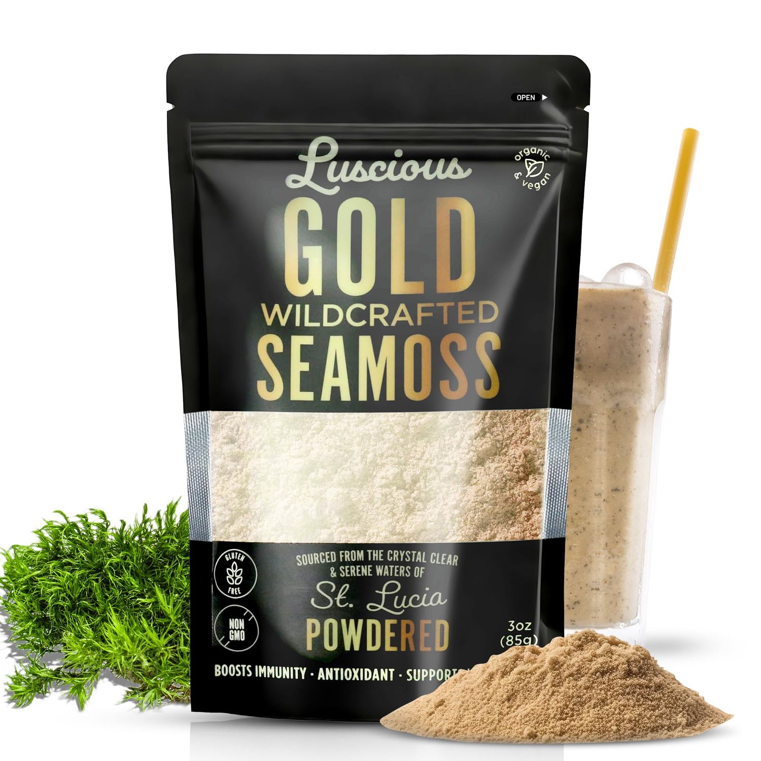 Irish Sea Moss Powder Gold 3 Oz - 100 Organic St. Lucia Sea Moss Wildcrafted Superfood for Gut Health, Immune Support, Vegan, Gluten-Free Makes 120 Fl Ounces of Gel by Luscious Spice Emporium
