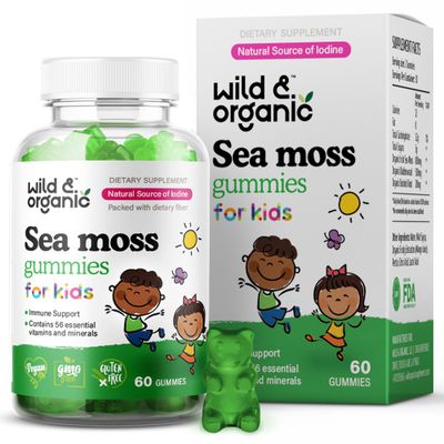 Wild Organic Irish Sea Moss Gummies for Kids 800mg - Immune Support with Bladderwrack - Vegan Sea Moss Gel Chews for Overall Support - 60 Non-GMO Seamoss Gel Gummies