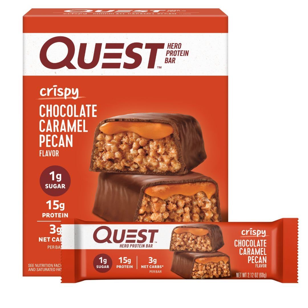 Quest Nutrition Crispy Chocolate Caramel Pecan Hero Protein Bar, 15g Protein, 1g Sugar, 3g Net Carbs, Gluten Free Protein Snack, Keto Friendly, 4 Count