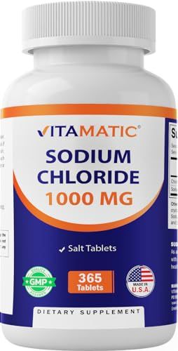 Vitamatic Sodium Chloride 1000mg, 365 Tablets - Salt Tablets, Non-GMO, Gluten Free - Electrolytes Replenisher Hydration Drink (1 Bottle)