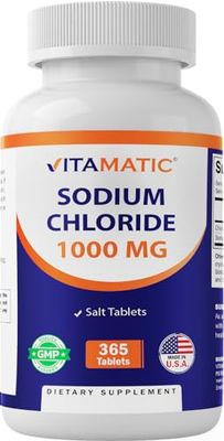 Vitamatic Sodium Chloride 1000mg, 365 Tablets - Salt Tablets, Non-GMO, Gluten Free - Electrolytes Replenisher Hydration Drink (1 Bottle)