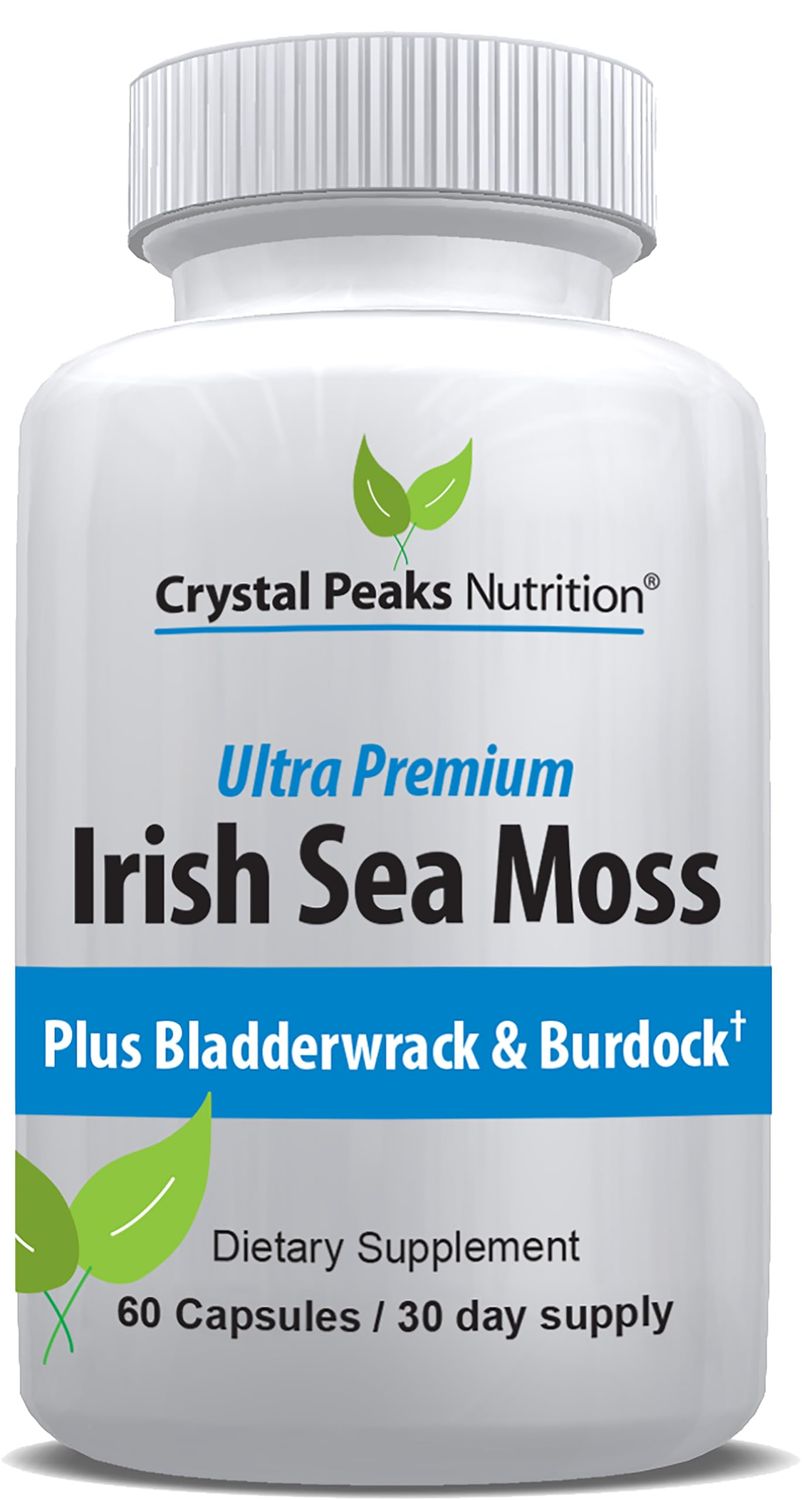 CRYSTAL PEAKS NUTRITION Organic Sea Moss Supplements with Bladderwrack and Burdock Root. Pure Sea Moss Supplement, Vegan, No Fillers, 60 SeaMoss Capsules with BioPerine for Maximum Benefit