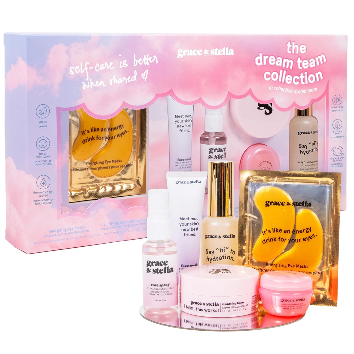 grace stella Award Mothers Day Gifts for Friends, Gifts for Her - Travel Essentials for Moms with Under Eye Masks, Serum, Cleanser, Lip Balm - Perfect for Anniversary, Birthdays - Vegan Self Care