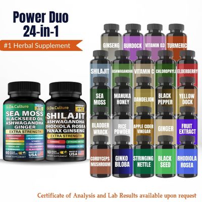 GiDa Culture Shilajit and Sea Moss Combo - Sea Moss and Shilajit Bundle with Ashwagandha, Black Seed, Turmeric, Bladderwrack, Burdock, Black Pepper with Vitamins and Antioxidants - 120 Veggie Capsules