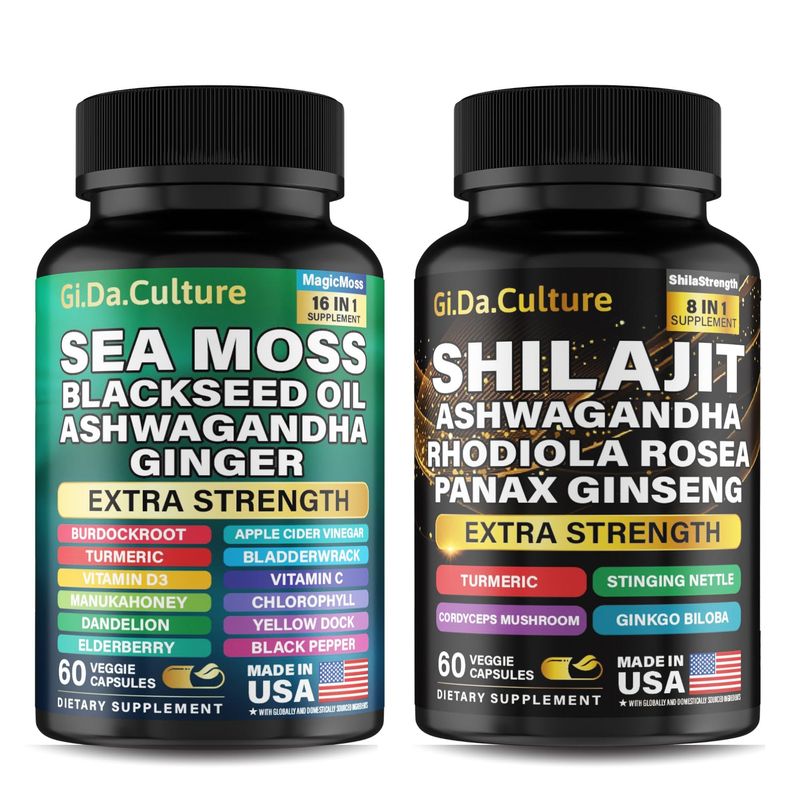 GiDa Culture Shilajit and Sea Moss Combo - Sea Moss and Shilajit Bundle with Ashwagandha, Black Seed, Turmeric, Bladderwrack, Burdock, Black Pepper with Vitamins and Antioxidants - 120 Veggie Capsules