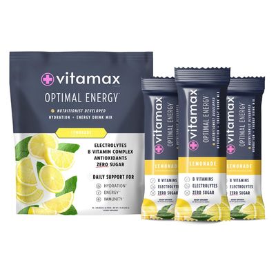 Vitamax Health Optimal Energy - Lemonade - Sugar Free Hydration Recovery Powder Stick Packs B Vitamin Complex Electrolyte Drink Mix Easy Open Single-Serving Non-GMO 30 Servings