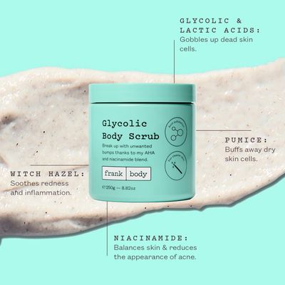 frank Body Glycolic Body Scrub Vegan, Cruelty Free, Exfoliating Body Scrub Helps to Fight Breakouts and Soothes Skin Marks with AHA, Pumice, Witch Hazel, and Niacinamide 8.82 oz 250 g