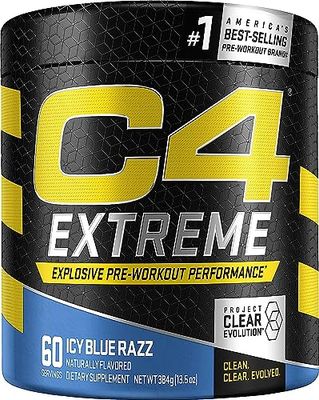 C4 Extreme Pre Workout Powder Icy Blue Razz Preworkout Energy Supplement for Men Women 200mg Caffeine Beta Alanine Creatine 60 Servings
