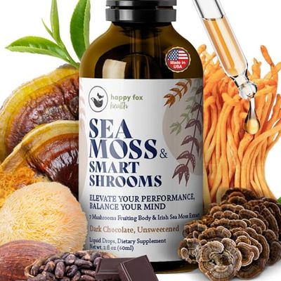 HAPPY FOX Irish Sea Moss Liquid Drops Mushroom Tincture - Seamoss with 7 Adaptogenic Mushroom Extracts for Cognitive Support Gut Health, Mushroom Coffee Elixir, Dark Chocolate Flavor