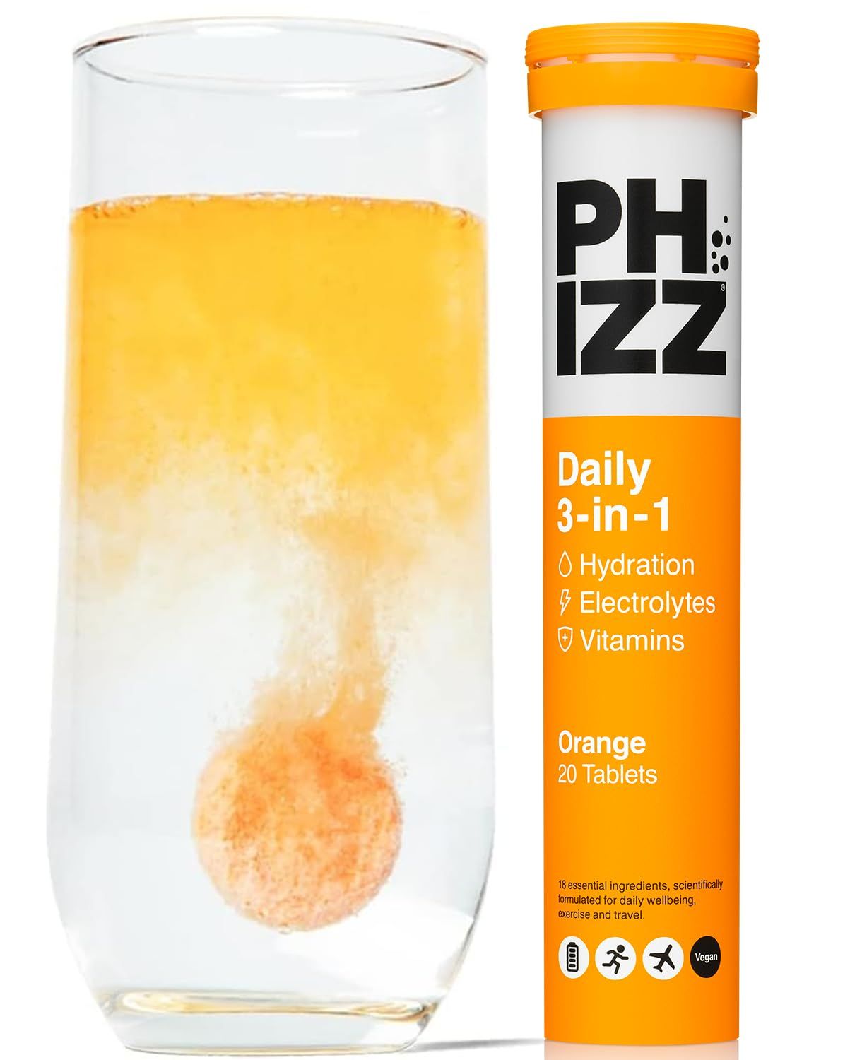 Phizz Electrolyte Multivitamin Rehydration Tablets - 19 Vitamins Minerals, Energy Boost (Orange, 20 Tablets)