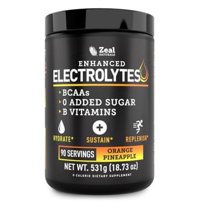 Zeal Naturals Electrolyte Powder Recovery Drink (90 Servings Orange Pineapple) w 0 Sugar BCAAs B-Vitamins Electrolyte Supplement w Potassium Zinc Magnesium for Hydration - Keto Electrolytes