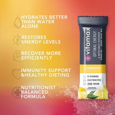 Vitamax Health Optimal Energy - Lemonade - Sugar Free Hydration Recovery Powder Stick Packs B Vitamin Complex Electrolyte Drink Mix Easy Open Single-Serving Non-GMO 30 Servings