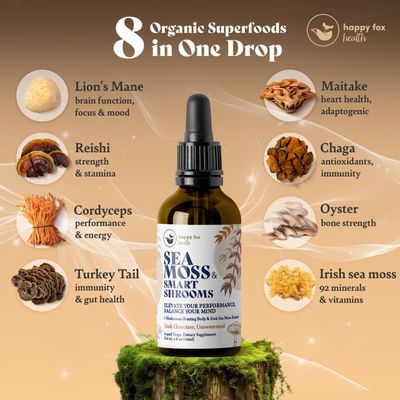 HAPPY FOX Irish Sea Moss Liquid Drops Mushroom Tincture - Seamoss with 7 Adaptogenic Mushroom Extracts for Cognitive Support Gut Health, Mushroom Coffee Elixir, Dark Chocolate Flavor