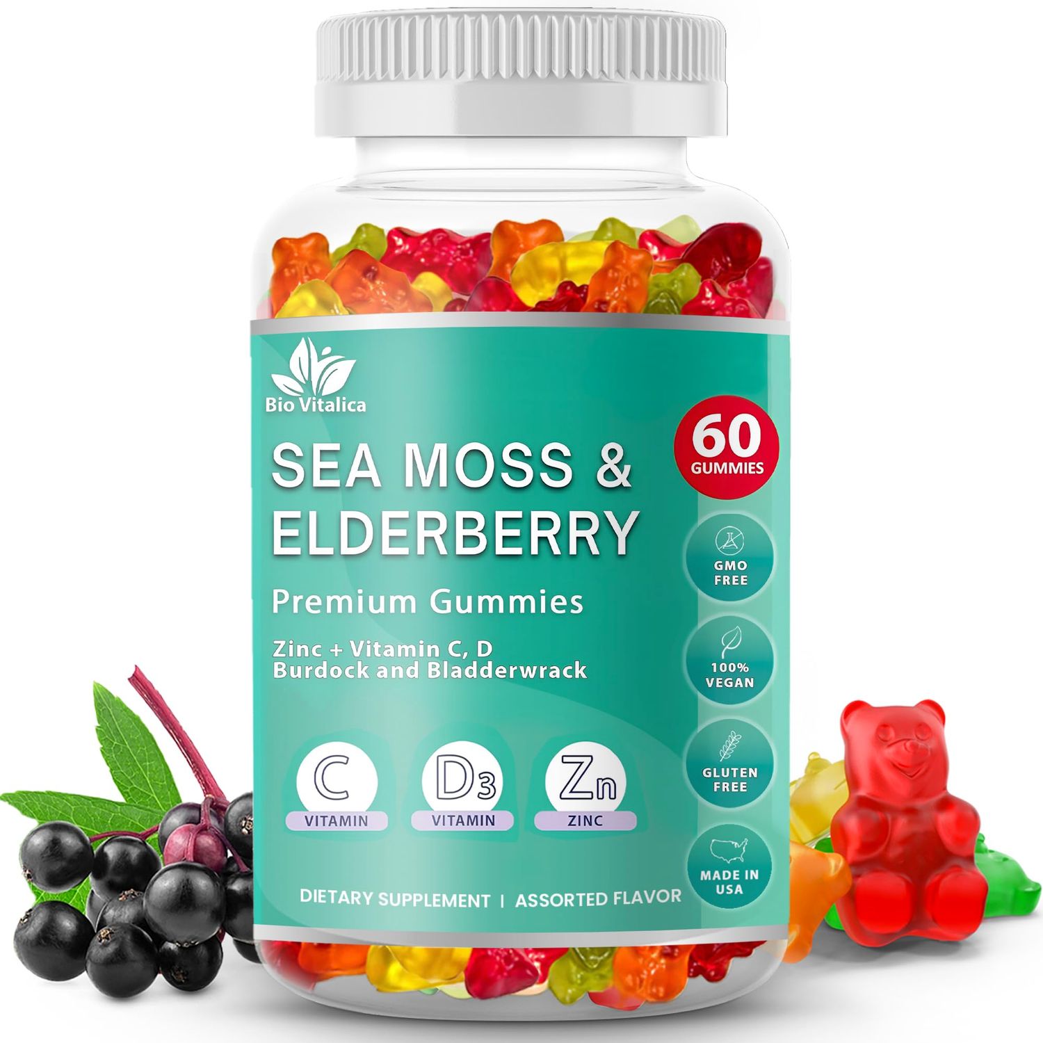 BIO VITALICA Sea Moss Gummies Elderberry BioVitalica - Vitamin C D Zinc - Irish Seamoss Vegan Gummy with Sea Moss Gel Powder for Immunity, Detox - for Adults and Kids