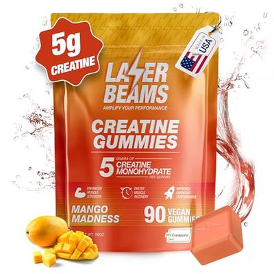 Laser Beams Creatine Monohydrate Gummies - 5g Creapure Creatine per Serving - Vegan, Mango Flavor - Boost Muscle Strength, Endurance, Recovery Mental Focus - 90 Gummies, Gluten-Free