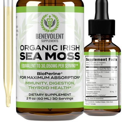 Benevolent Nourishment Organic Irish Sea Moss Drops 2oz - Burdock Root, Bladderwrack BioPerine Ultra Strength 30,000mg Sea Moss Liquid Drops for Immune Support, Thyroid, Gut, Skin Joint Health