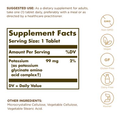 Solgar Potassium Amino Acid Complex, 100 Tablets - Nerve Muscle Health - Promotes Electrolyte Balance - Non-GMO, Vegan, Gluten Free, Dairy Free, Kosher - 100 Servings