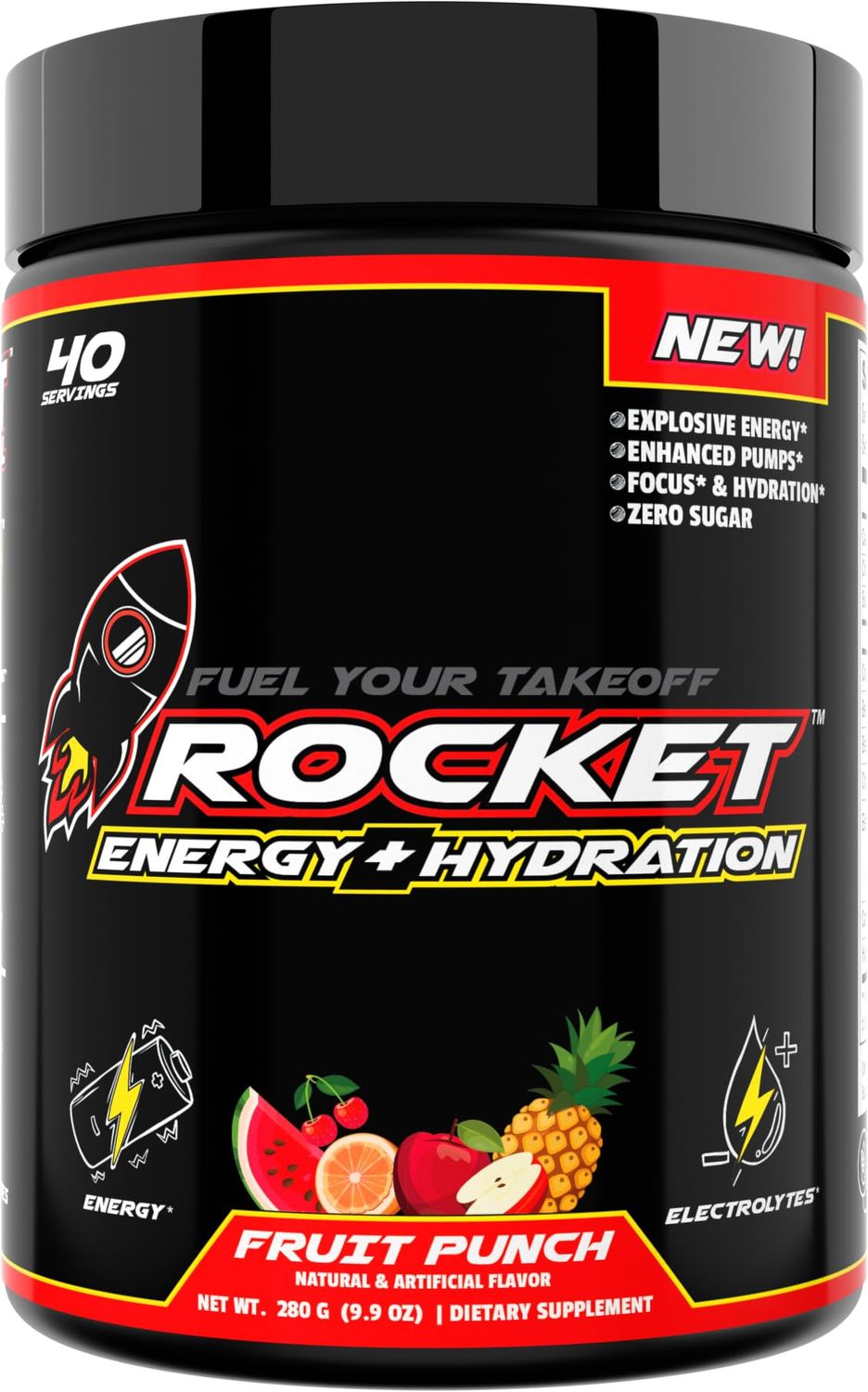 Jet Social Rocket Pre Workout - Massive Pumps - Rocket Focus - Energy - Endurance - 5g of Citrulline Malate - Betaine Anhydrous - Electrolyte Blend - 40 Scoops Fruit Punch 0 Sugar 0 Calories