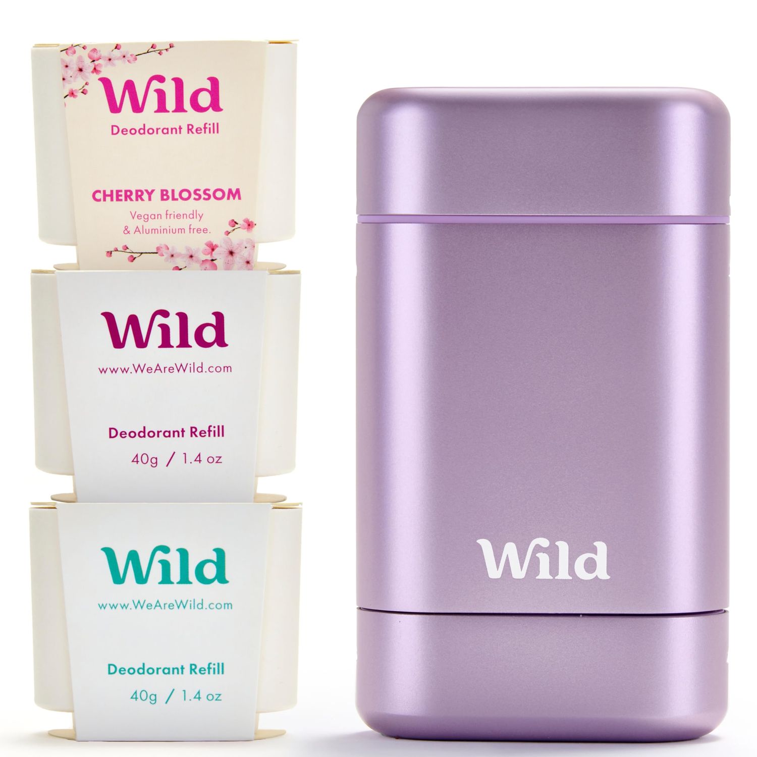 Wild - Purple Case with Refill Variety Pack - Refillable Deodorant - Aluminum Free - Includes Fresh Cotton Sea Salt, Cherry Blossom and Coconut Vanilla Scents - Vegan