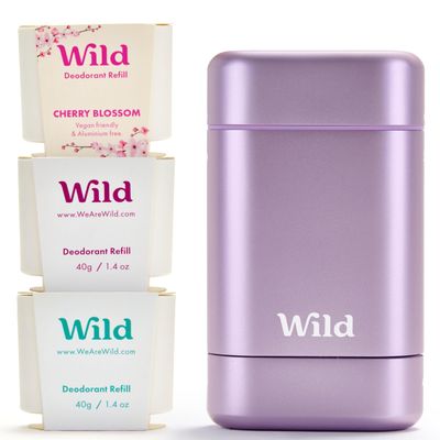 Wild - Purple Case with Refill Variety Pack - Refillable Deodorant - Aluminum Free - Includes Fresh Cotton Sea Salt, Cherry Blossom and Coconut Vanilla Scents - Vegan