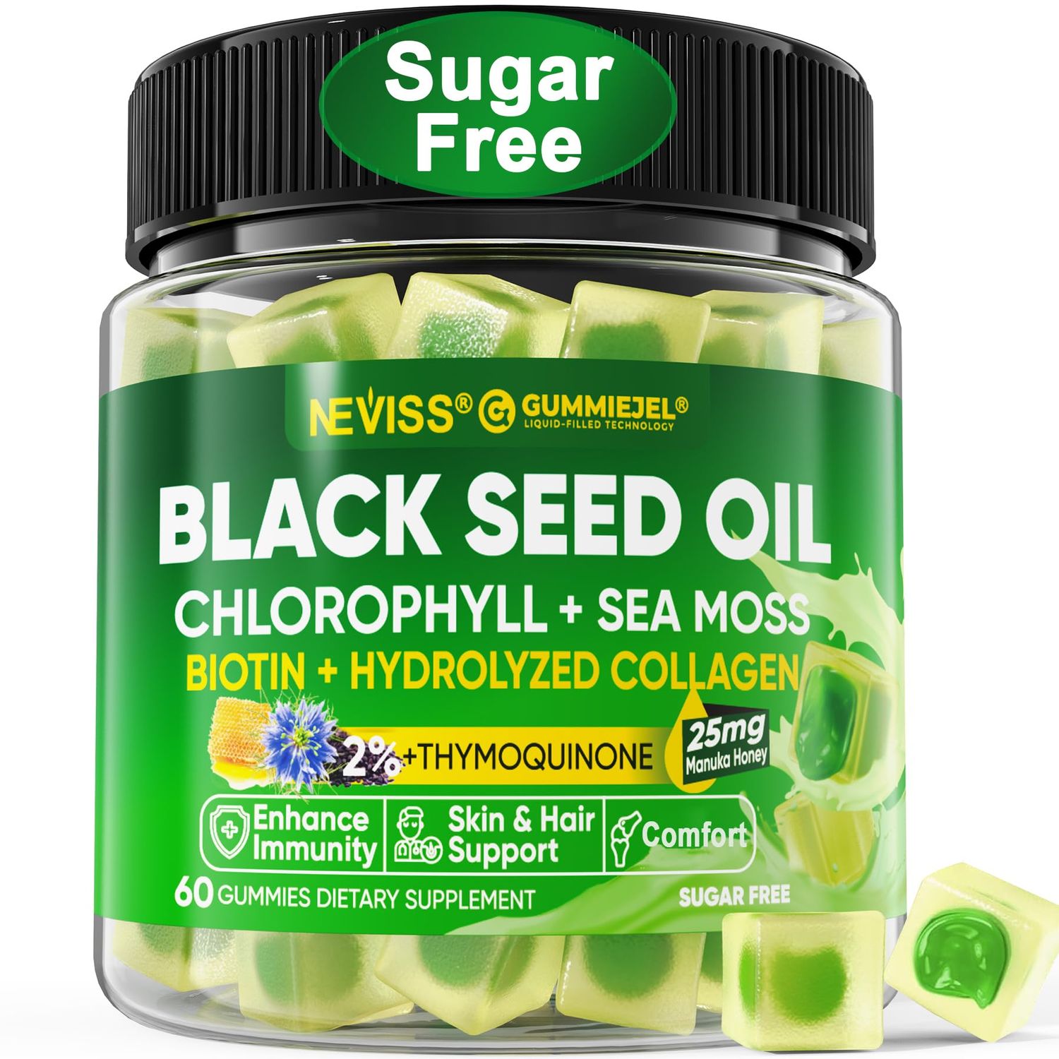 Black Seed Oil Gummies, Chlorophyll Sea Moss Supplement 500mg, Biotin 500mcg with Hydrolyzed Collagen for Skin, Hair Nails, Vit E, C, Zinc for Overall Health, Organic Cold Pressed, High Absorption