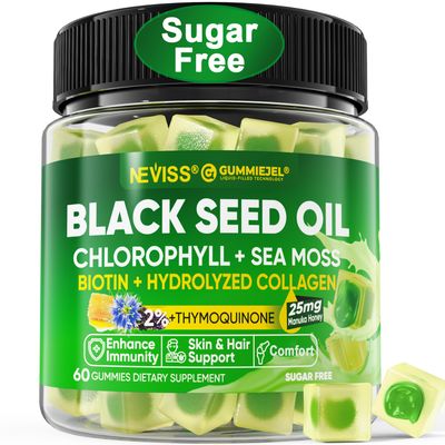 Black Seed Oil Gummies, Chlorophyll Sea Moss Supplement 500mg, Biotin 500mcg with Hydrolyzed Collagen for Skin, Hair Nails, Vit E, C, Zinc for Overall Health, Organic Cold Pressed, High Absorption