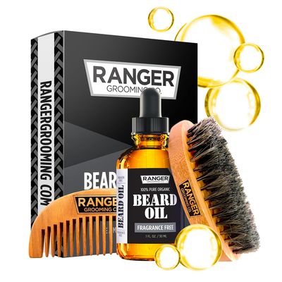 Beard Kit by Ranger Grooming Company by Leven Rose, 100 Organic Natural Fragrance Free Unscented Beard Oil, Boar Bristle Beard Brush, Natural Wood Comb Beard Care Starter Set for Men