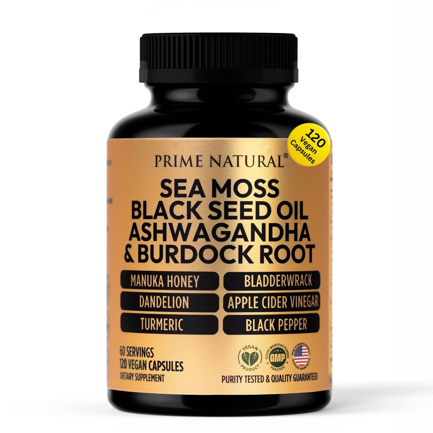 PRIME NATURAL Sea Moss 3000mg Black Seed Oil 2000mg Ashwagandha 1000mg Turmeric 1000mg Bladderwrack 1000mg Burdock 1000mg Manuka Honey Dandelion ACV - 120 Capsules 60 Days Supply Vegan