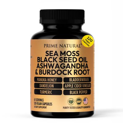 PRIME NATURAL Sea Moss 3000mg Black Seed Oil 2000mg Ashwagandha 1000mg Turmeric 1000mg Bladderwrack 1000mg Burdock 1000mg Manuka Honey Dandelion ACV - 120 Capsules 60 Days Supply Vegan