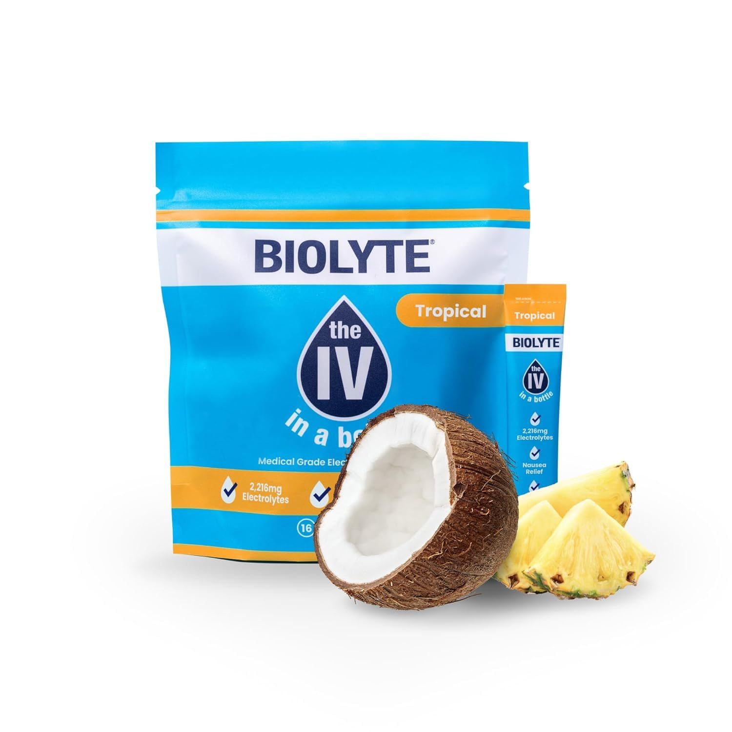 BIOLYTE Electrolyte Powder Packets, IV Liquid Drink Mix for Water, Doctor-Developed Hydration, HSA FSA Approved Dehydration Relief, Chemotherapy Must Haves for Women Men - Tropical, 16 Fl Oz (12 Pack)