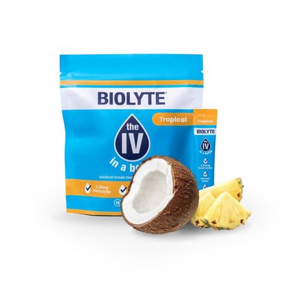 BIOLYTE Electrolyte Powder Packets, IV Liquid Drink Mix for Water, Doctor-Developed Hydration, HSA FSA Approved Dehydration Relief, Chemotherapy Must Haves for Women Men - Tropical, 16 Fl Oz (12 Pack)